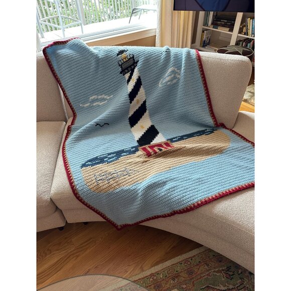 Vintage crocheted blanket with lighhouse scene 68" x 43" - Picture 3 of 7